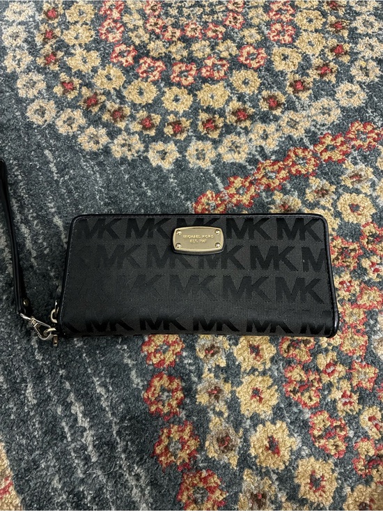 Michael Kors Accessories - Michael Kors Black MK Logo Zip-Around Wristlet Wallet with Gold Plaque